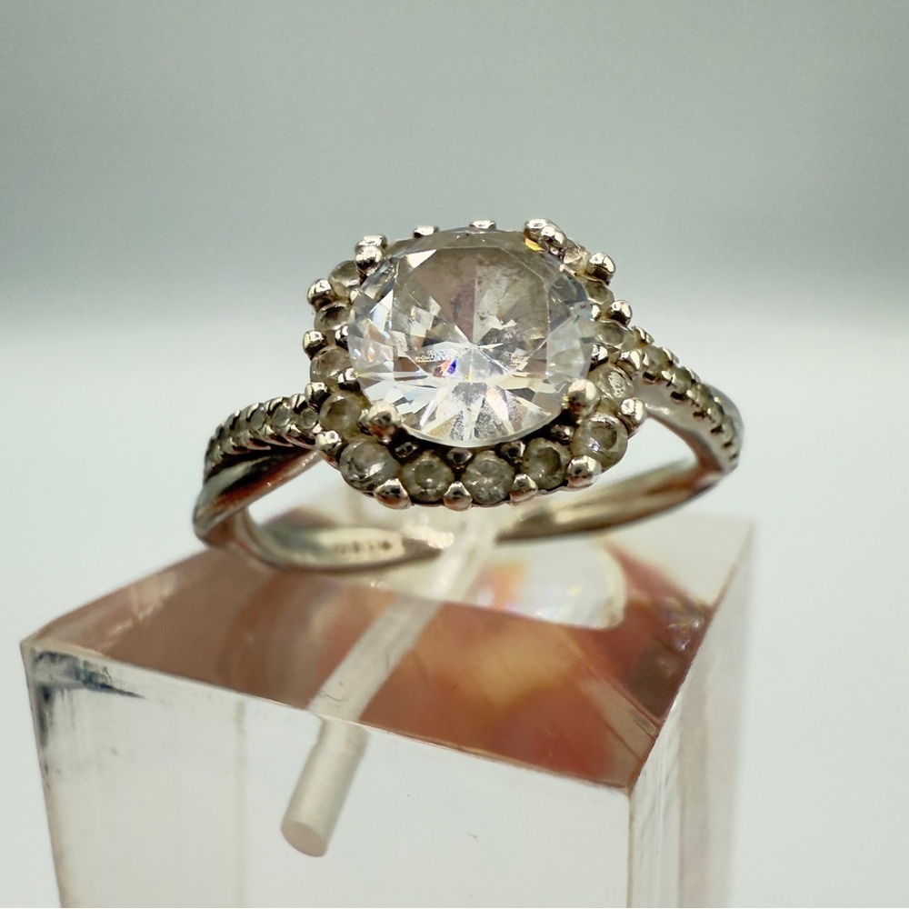 Faux Engagement Glamour Ring Marked 925 with CZ Stones - Size 8